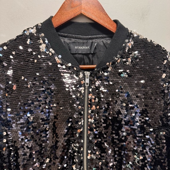 Minkpink Black Sequin Bomber Jacket Size Medium - Picture 2 of 13